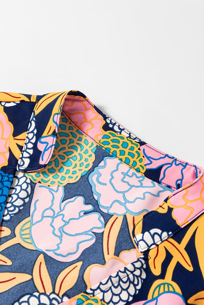 Robe droite bleu marine à imprimé floral d'hortensias, manches bouffantes, col en V