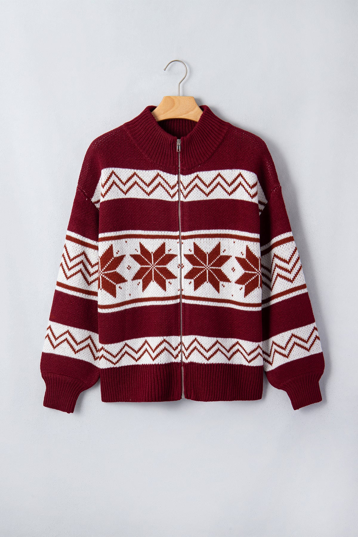 Red Geometric Pattern Zip-Up Knit Long Sleeve Regular Fit Cardigan
