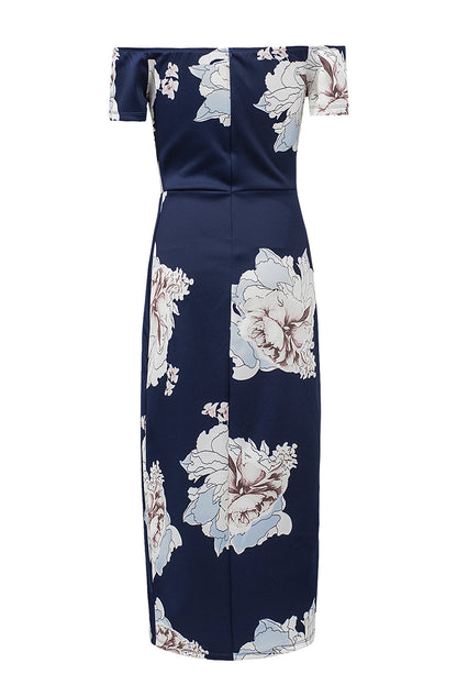Robe mi-longue moulante fendue à épaules dénudées et imprimé floral bleu foncé