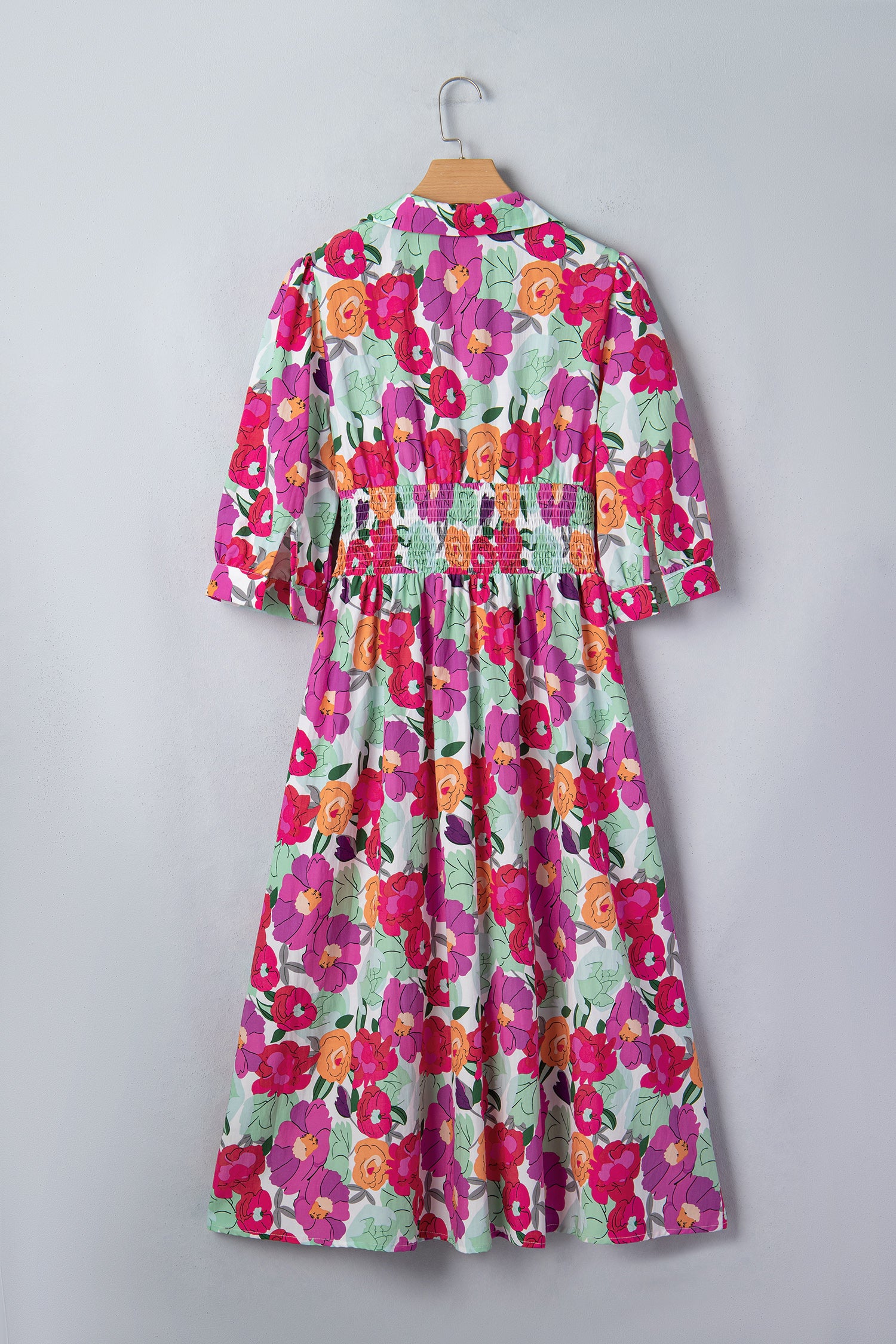 Rose Vibrant Floral Print V Neck Zip Up Puffy Half Sleeve Dress