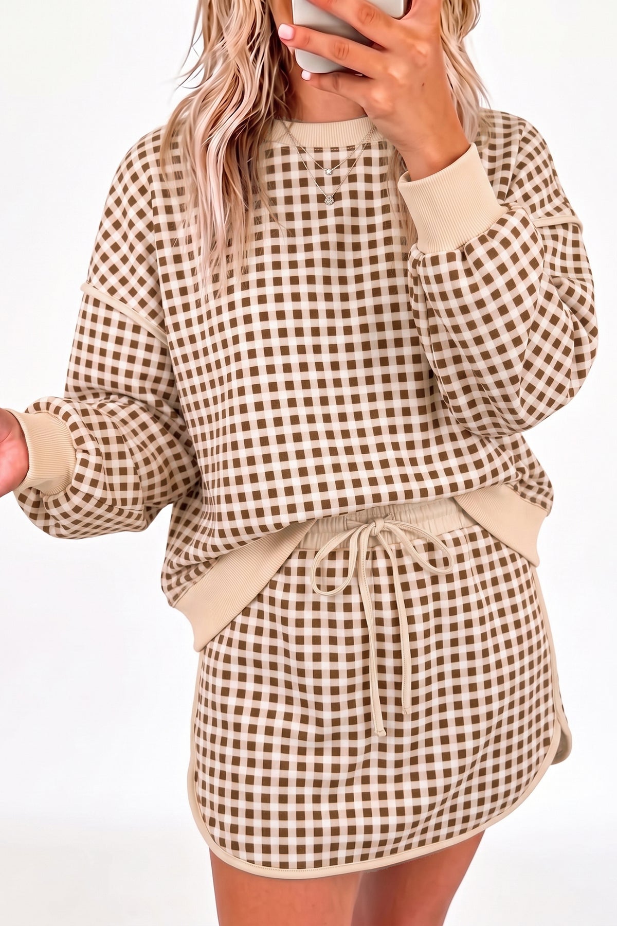 Brown Gingham Oversized Ribbed Trim Crew Neck Long Sleeve Top and Skort Set