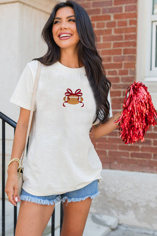 White Embroidered Bow Rugby Graphic Casual T-Shirt
