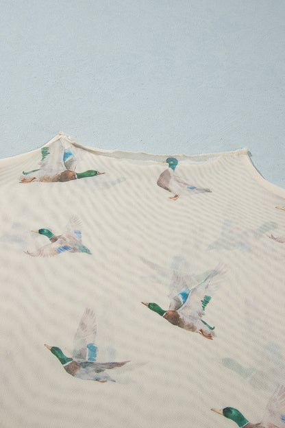Beige Mesh Duck Print Tunic Long Sleeve Plus Size Blouse