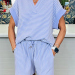 Sky Blue Stripe Dolman Sleeve Polo Shirt and Drawstring Shorts Set