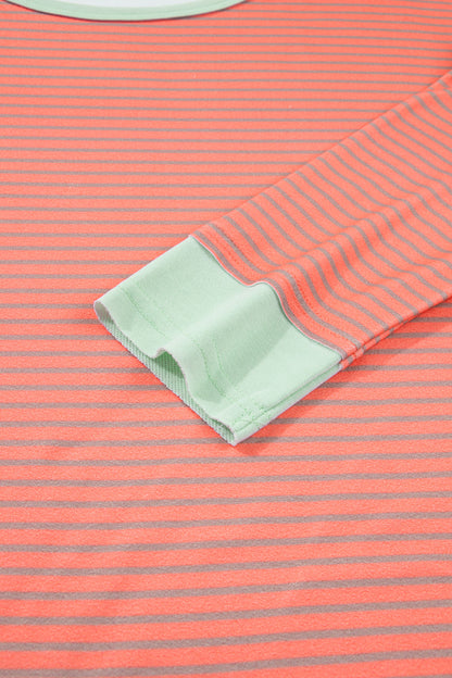 Orange Stripe Colorblock Detail Raw Seam Long Sleeve Top