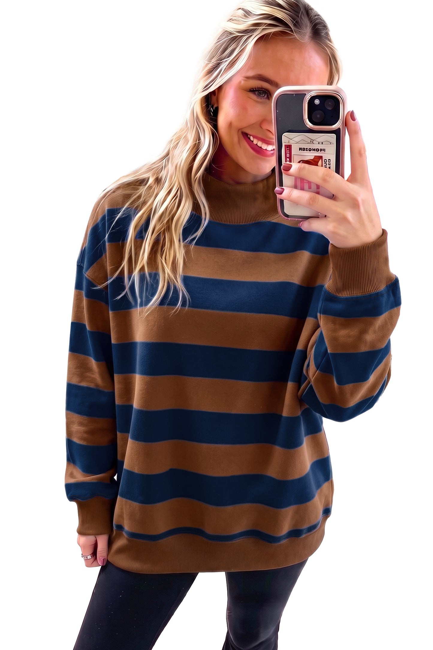 Brown Stripe Colorblock Mock Neck Relaxed Sweatshirt