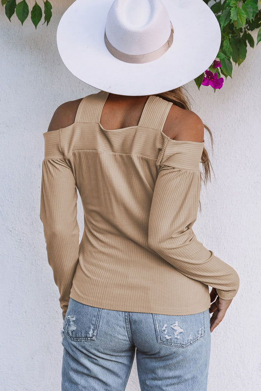 Cut Out Criss Cross Cold Shoulder Ribbed Top