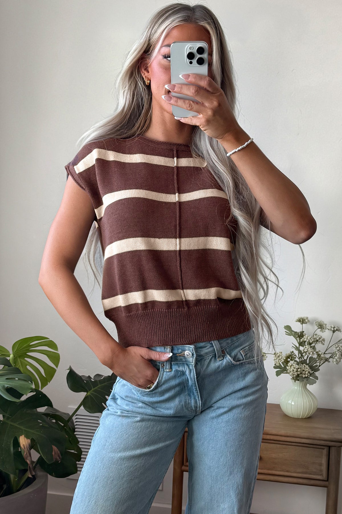Brown Stripe Knit Western Short Sleeve Sweater