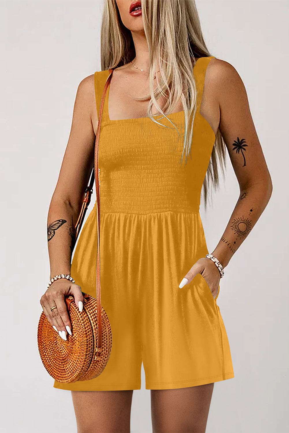 Ginger Casual Pocketed Smocked Sleeveless Romper