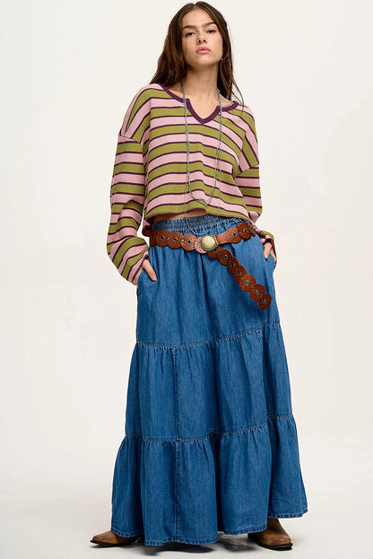 Haut à manches longues et col cranté à rayures contrastées vert épinard