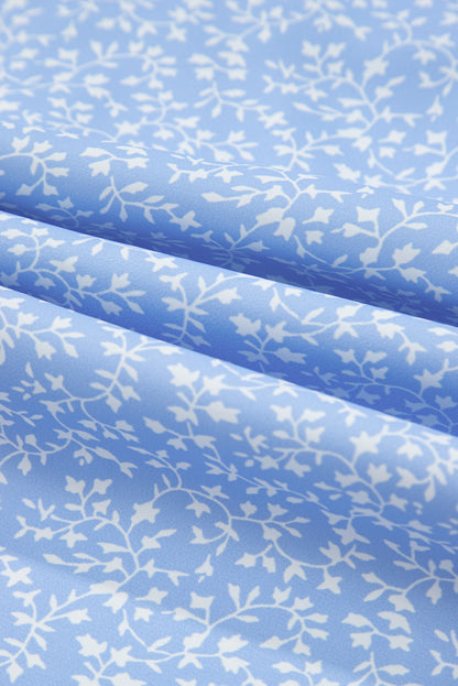 Sky Blue Floral Embroidered Puff Sleeve Notched V Neck Blouse