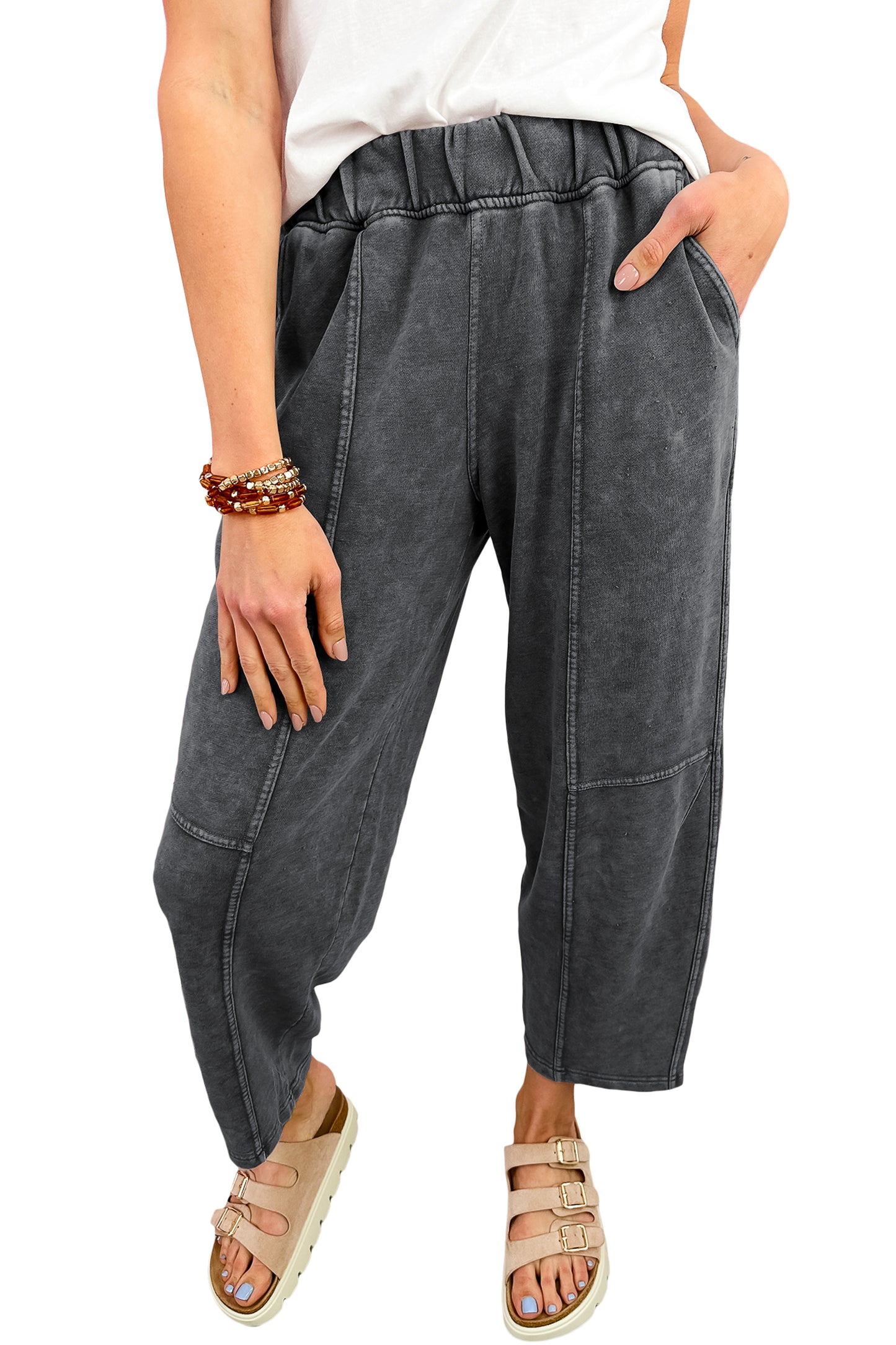 Carbon Grey Mineral Wash Seam Detail Elastic Waist Barrel Pants