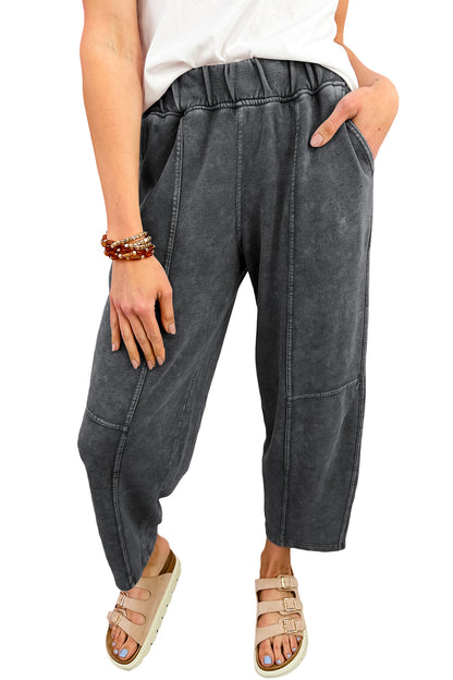 Carbon Grey Mineral Wash Seam Detail Elastic Waist Barrel Pants