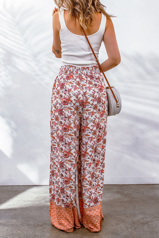 Pantalones anchos de cintura alta fruncidos con estampado floral