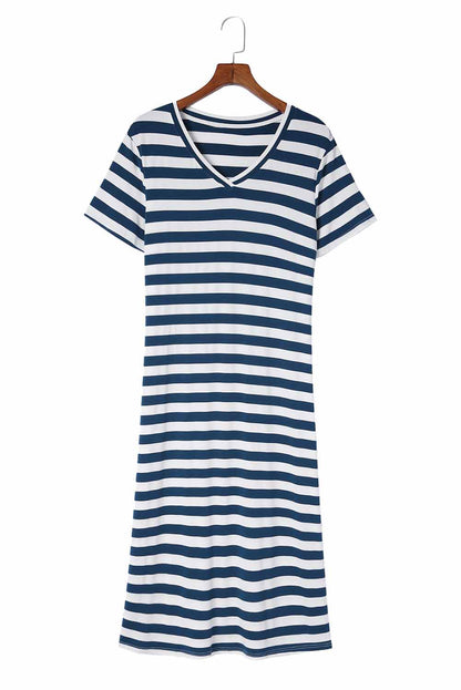 Vestido largo con cuello en V y estampado de rayas con aberturas laterales 