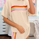Beige Vibrant Striped Detail Athleisure 2pcs Short Set