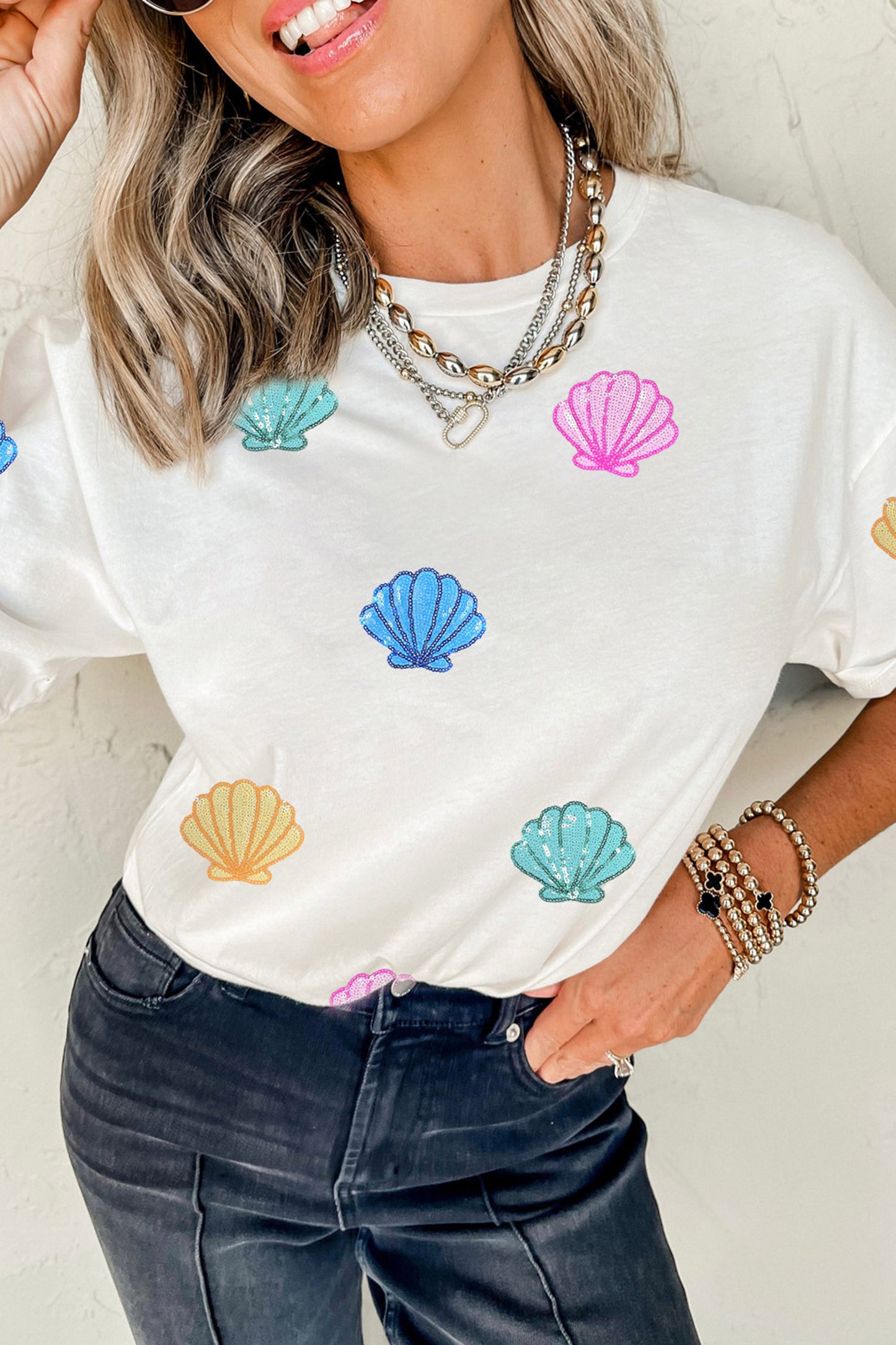 White Sequin Shell Graphic Summer Loose T Shirt