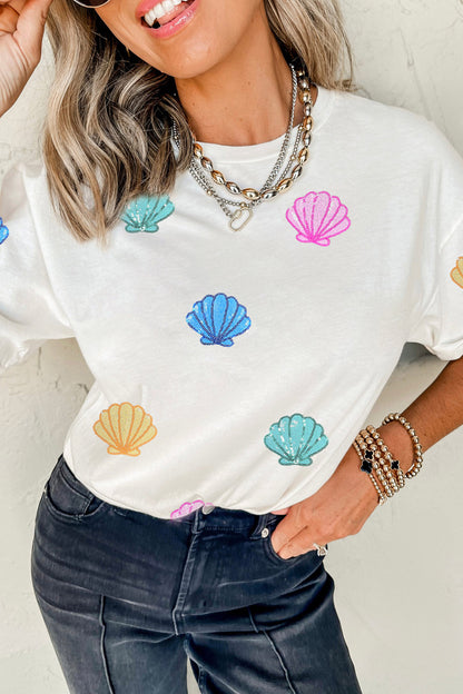 White Sequin Shell Graphic Summer Loose T Shirt