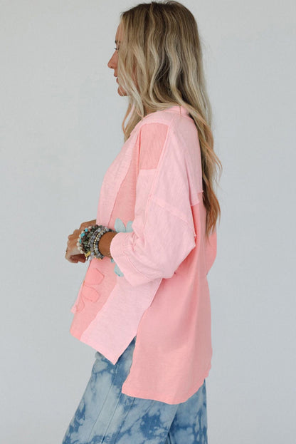 Pink Flower Patched Exposed Seam Bracelet Sleeve Oversized T Shirt