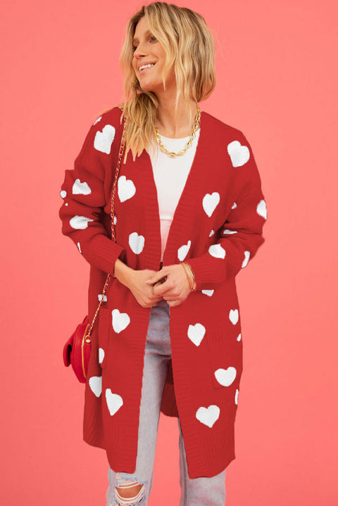 Fiery Red Valentine's Day Heart Pattern Ribbed Trim Open Front Cardigan