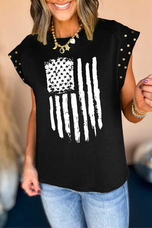 Black American Flag Print Studded Cap Sleeve T Shirt