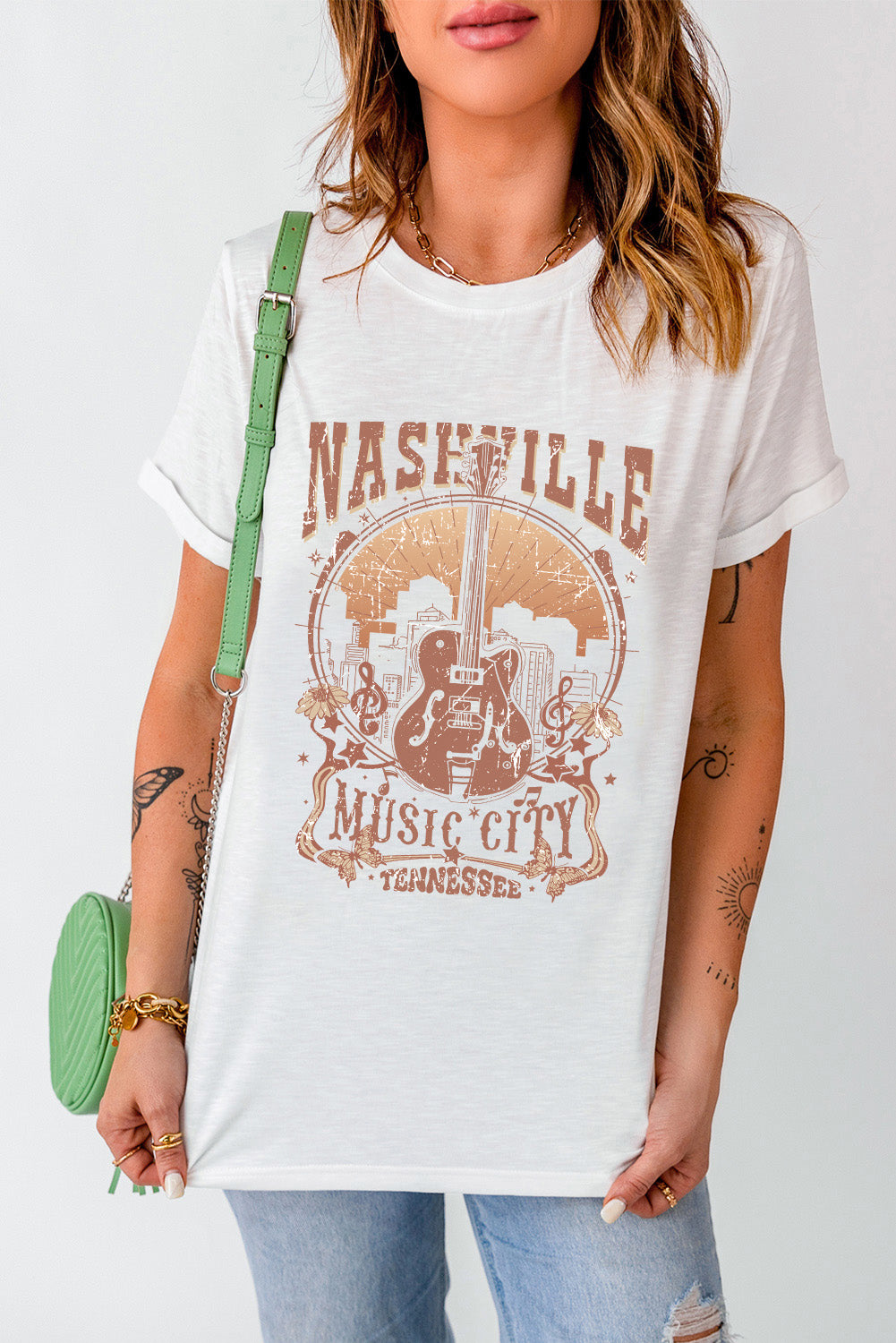 T-shirt ras du cou blanc vintage avec imprimé Nashville Music City