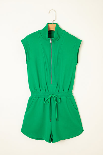 Bright Green Textured Short Sleeve Half Zip Drawstring Elastic Waistband Romper