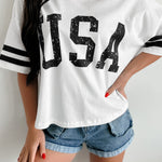 White USA Letter Printed Varsity Striped Sleeve Round Neck Tee