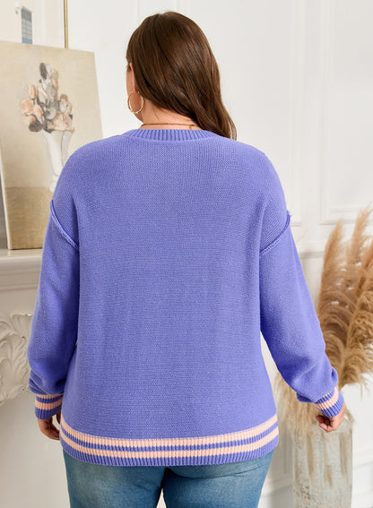 Wisteria Plus Size Striped Trim Drop Shoulder Knit Loose Sweater