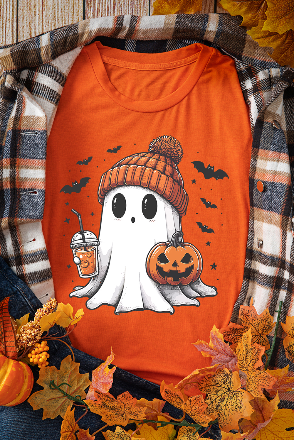 T-shirt d'Halloween orange avec imprimé citrouille fantôme mignon