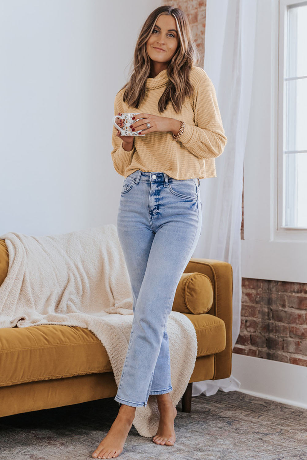 Haut à col roulé et manches longues en tricot gaufré uni abricot 