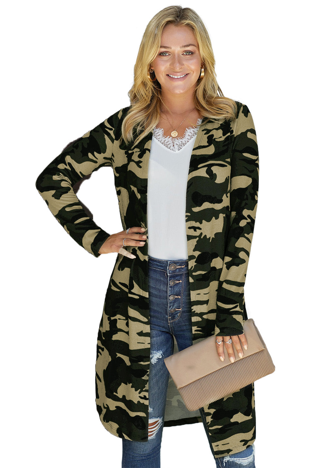 Cardigan long à imprimé camouflage vert