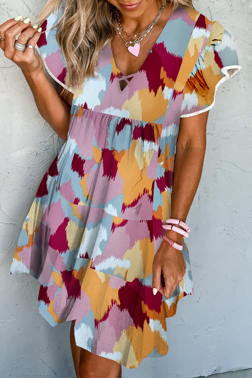 Robe kaki à imprimé croisé et col en V, manches flottantes