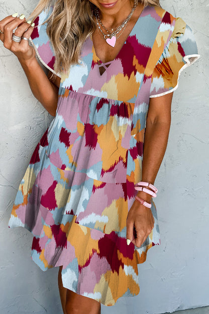 Robe kaki à imprimé croisé et col en V, manches flottantes