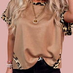 Light French Beige Leopard Trim Round Neck Loose T Shirt