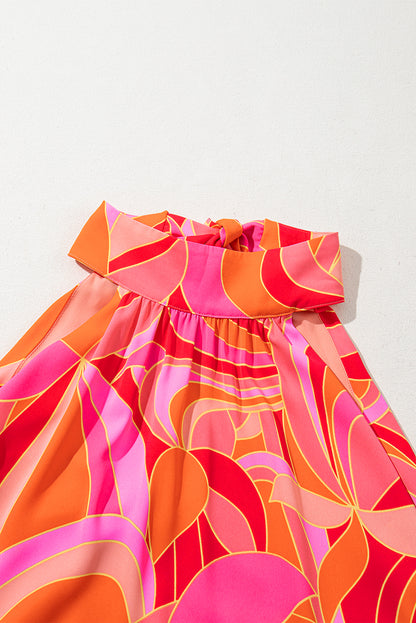 Rose Abstract Printed High Neck Knotted Nape Sleeveless Maxi Dress