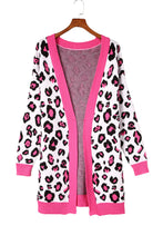 Leopard Ribbed Trim Knitted Open Front Long Cardigan