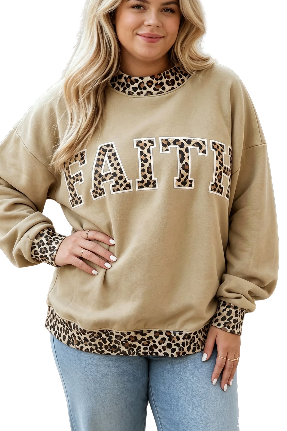 Parchment Plus Size Leopard Trim Mock Neck FAITH Graphic Sweatshirt