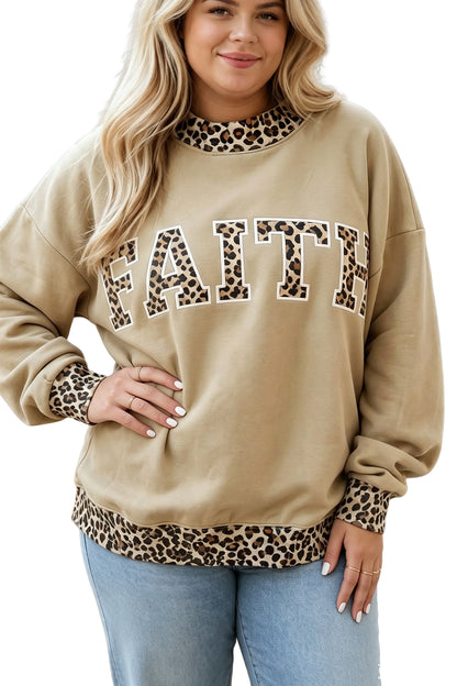 Parchment Plus Size Leopard Trim Mock Neck FAITH Graphic Sweatshirt