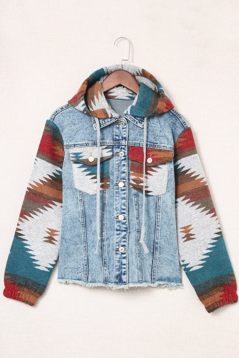 Multicolor Aztec Print Frayed Hem Denim Jacket