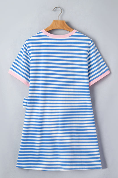 Green Stripe Nautical Tie Contrast Trim Round Neck T Shirt Mini Dress