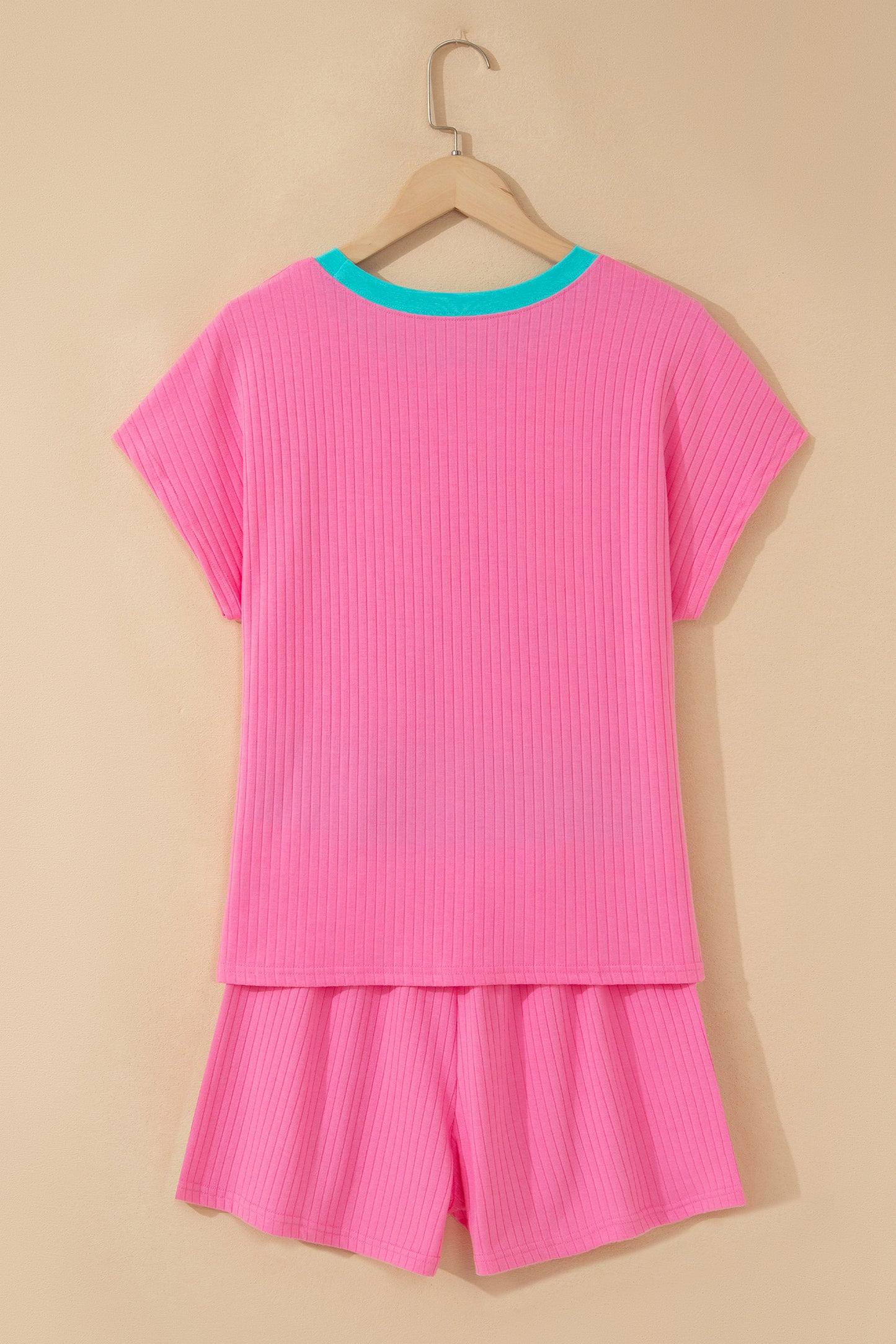Yellow Cream Soft Ribbed Color Block Trim Casual Short Set