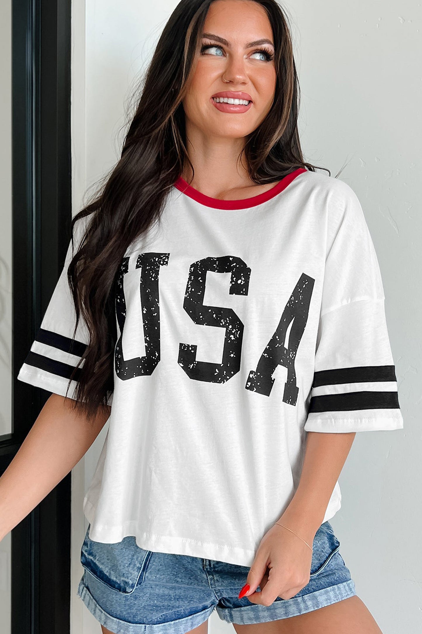White USA Letter Printed Varsity Striped Sleeve Round Neck Tee