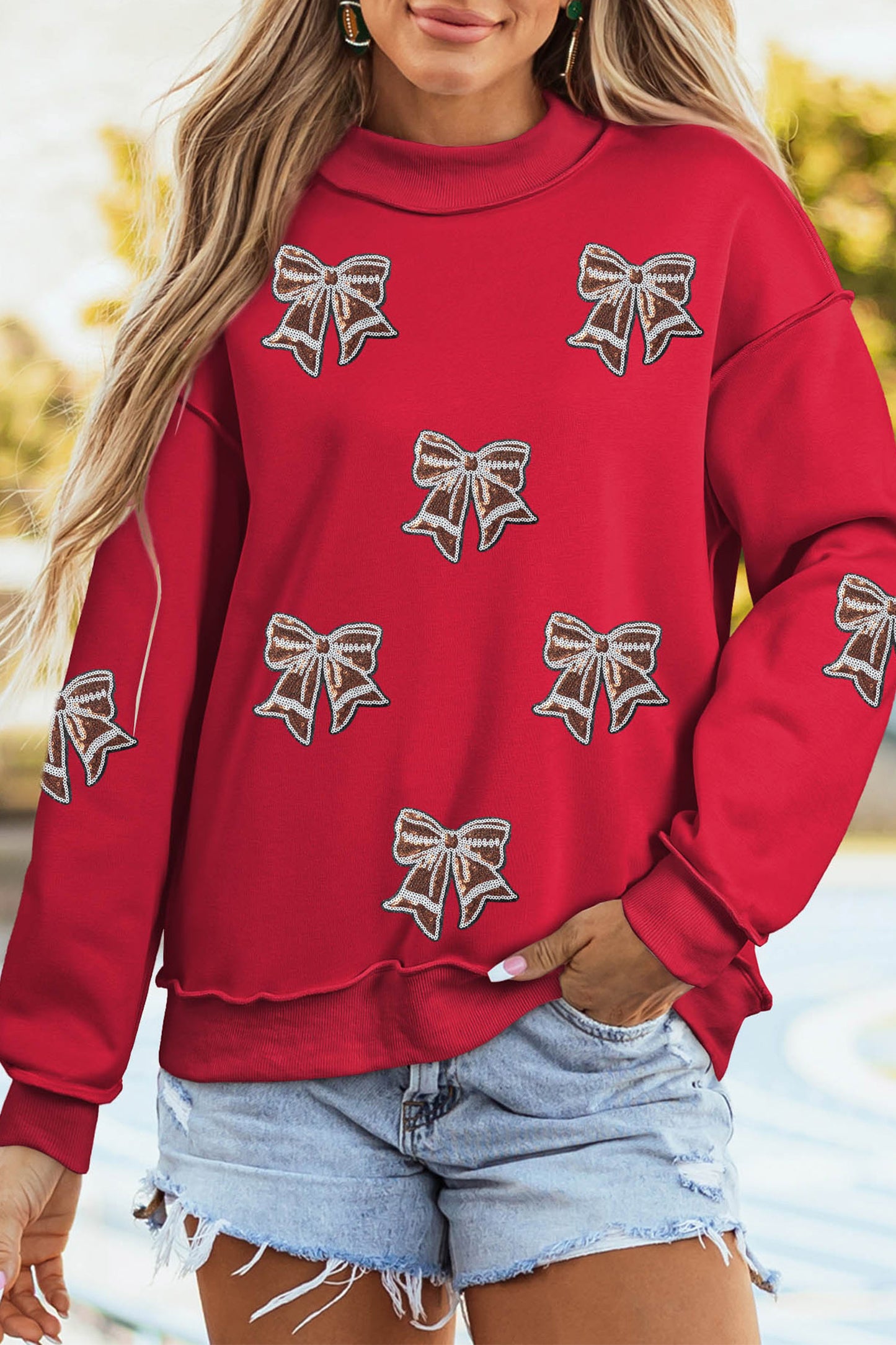 Racing Red Sequin Bowknot Mock Neck Game Day Casual Sweatshirt