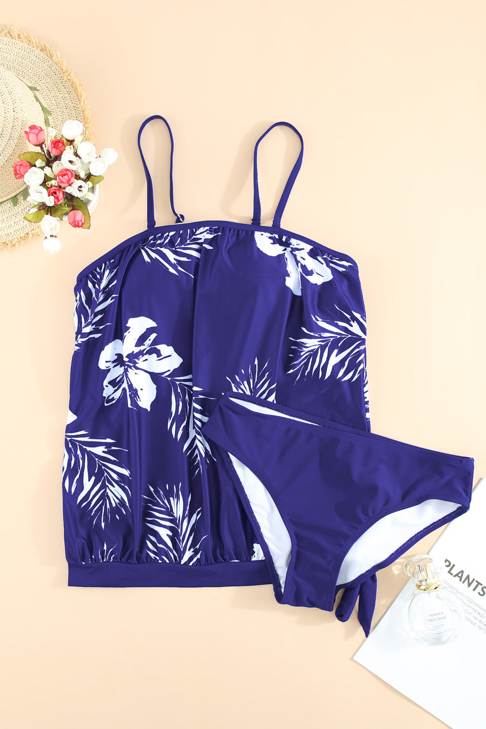 Blue Floral Pattern Strapless Tankini Set