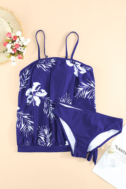 Blue Floral Pattern Strapless Tankini Set
