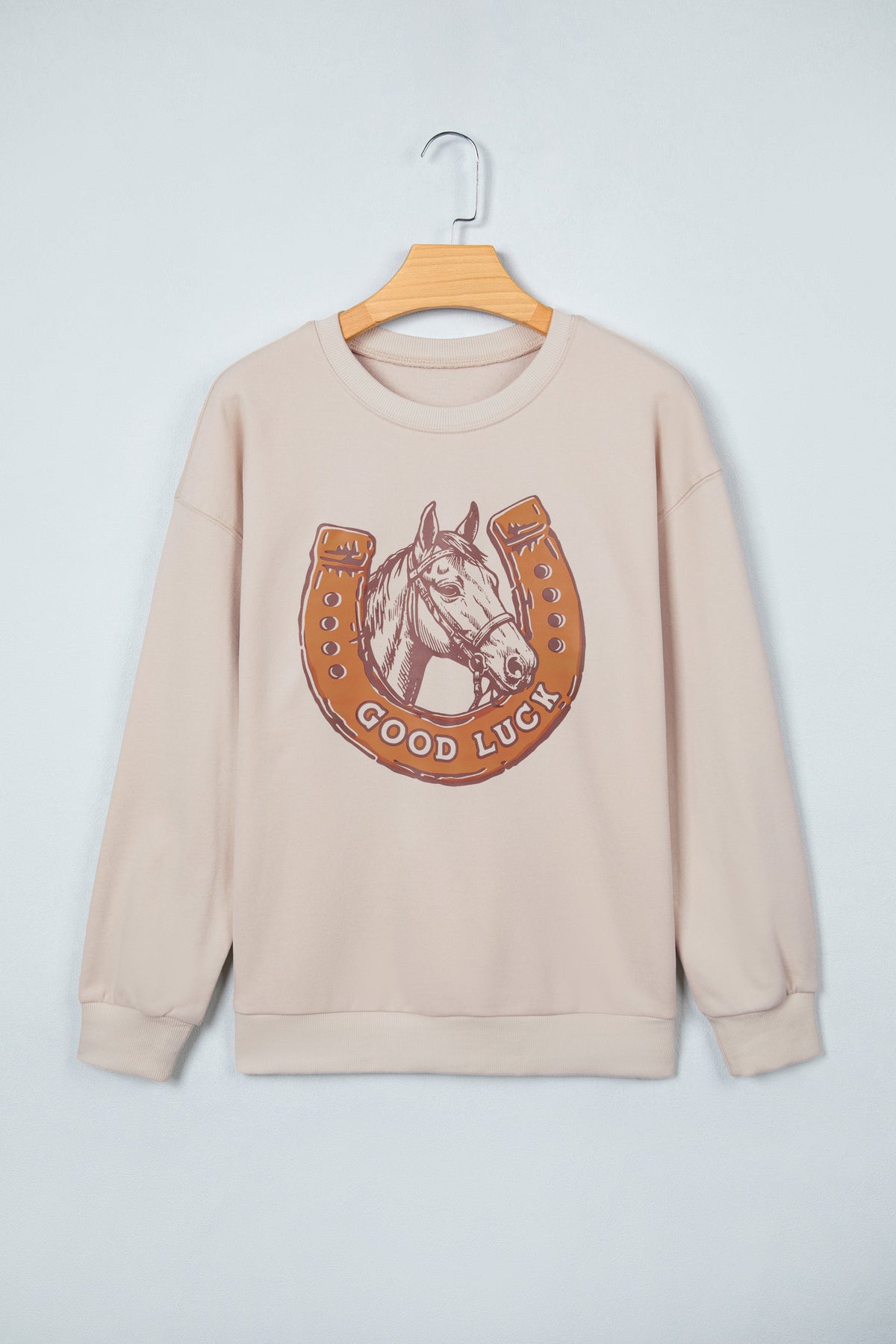 Beige GOOD LUCK Western Horse Print Oversized Pullover Sweatshirt