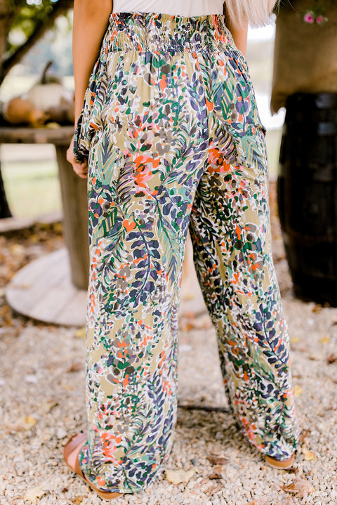 Pantalones casuales de pierna ancha con cintura alta fruncidos y estampado floral multicolor