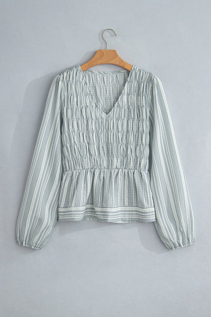 Blue Stripe V Neck Shirred Long Sleeve Blouse
