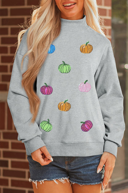 Gray Sequin Pumpkin Patch Mock Neck Baggy Sweatshirt
